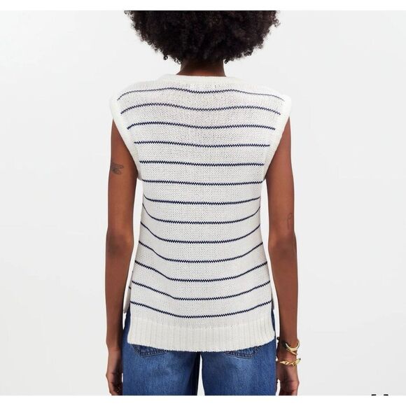 MADEWELL Sweater Vest Women M Puff-Trim Cotton Linen Pullover NEW Stripe NQ977 - Picture 2 of 14